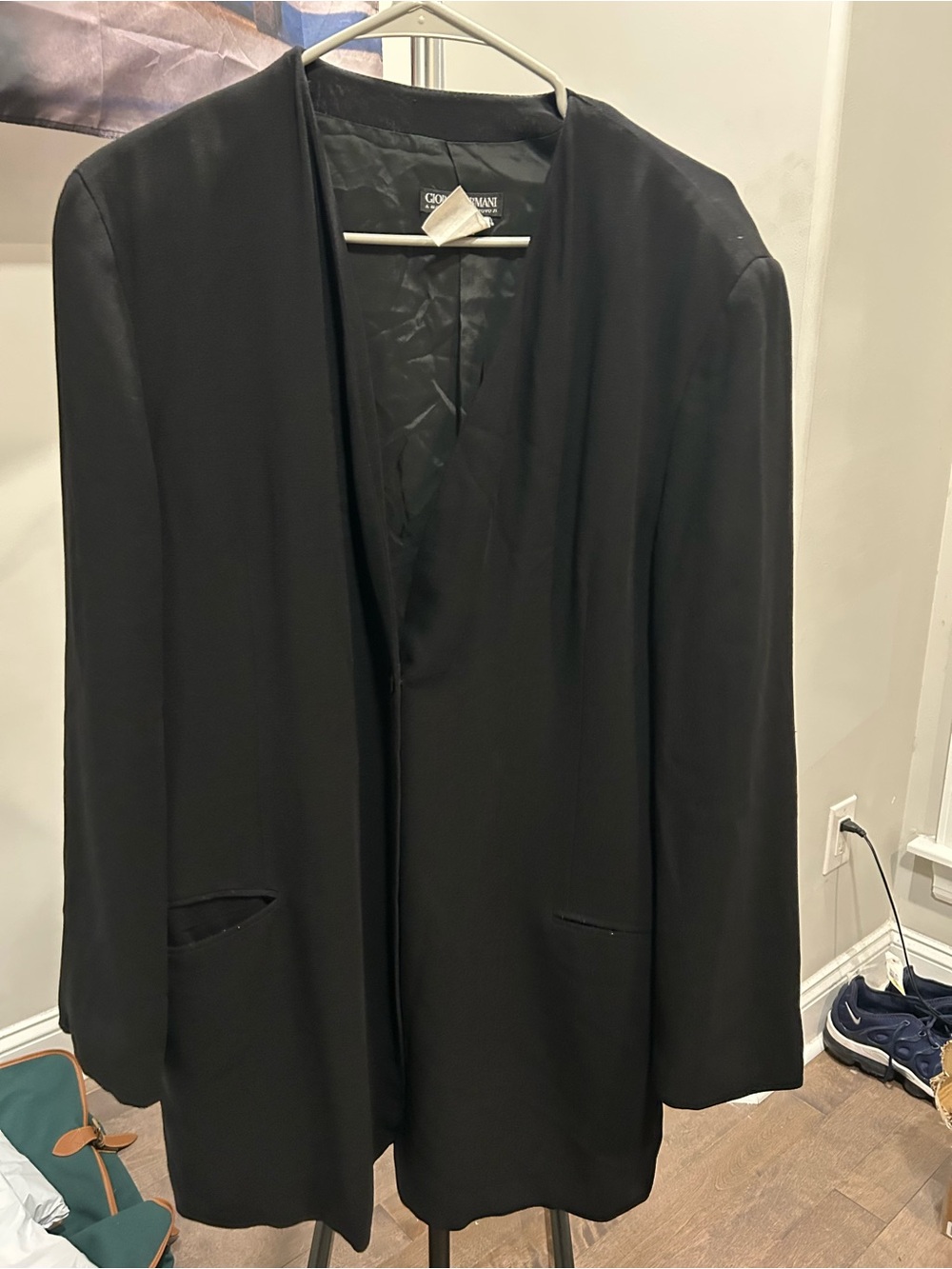 Vintage Giorgio Armani Women’s Black Open-Front Longline Blazer Jacket 100% Wool